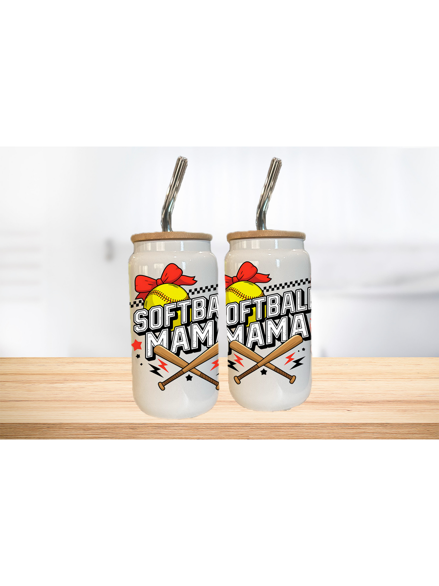 Softball Mom 16oz Glass Can Cup With Glass Straw