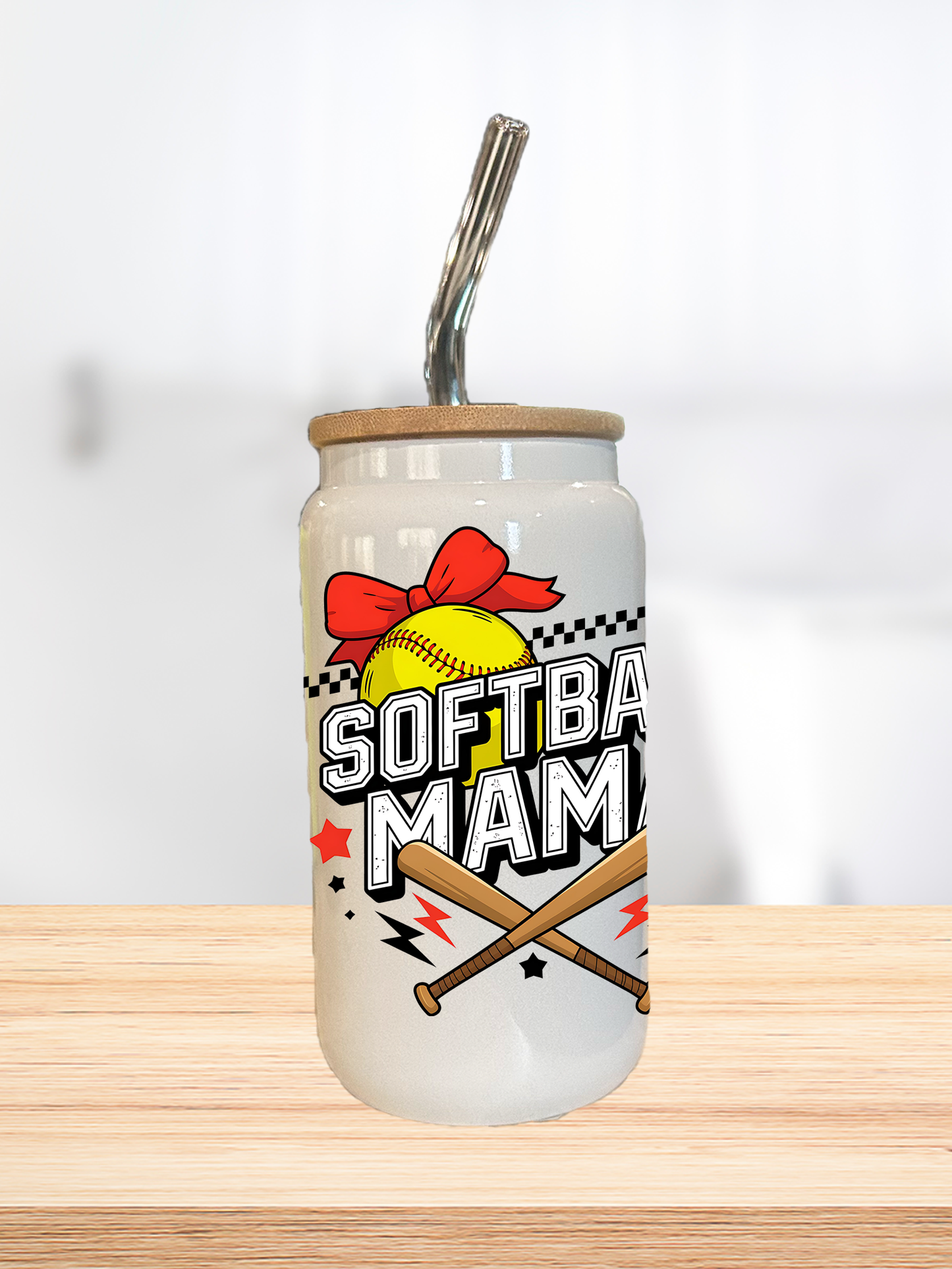 Softball Mom 16oz Glass Can Cup With Glass Straw