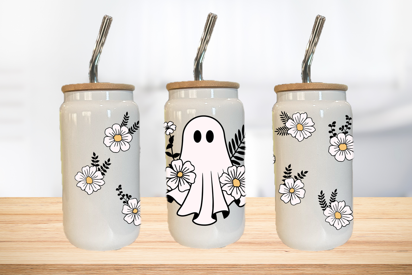 Floral Ghost 16oz Glass Can Cup W/ Glass Straws