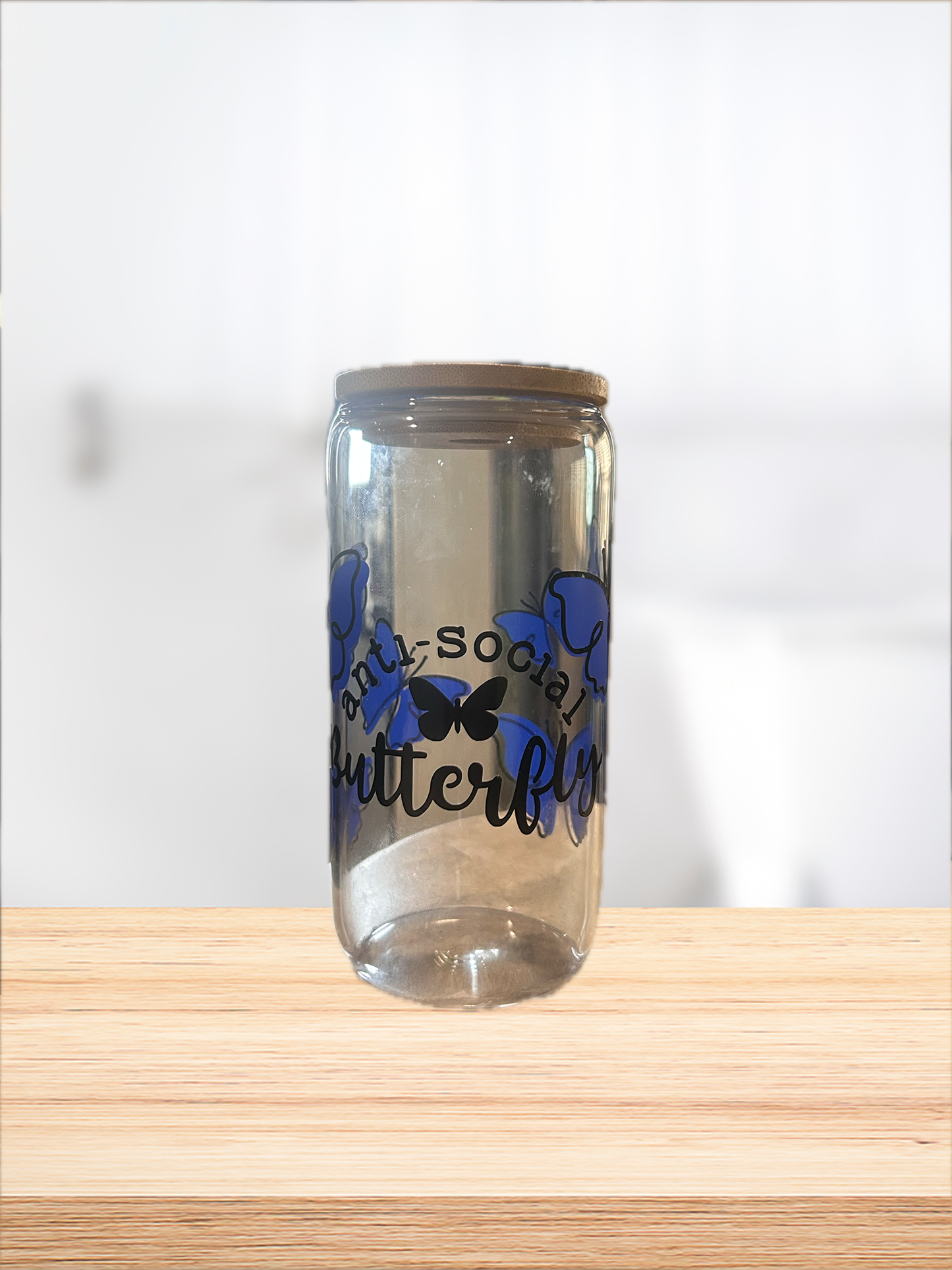 Anti Social Butterfly 16oz Glass Can Cup W/ Glass Straw