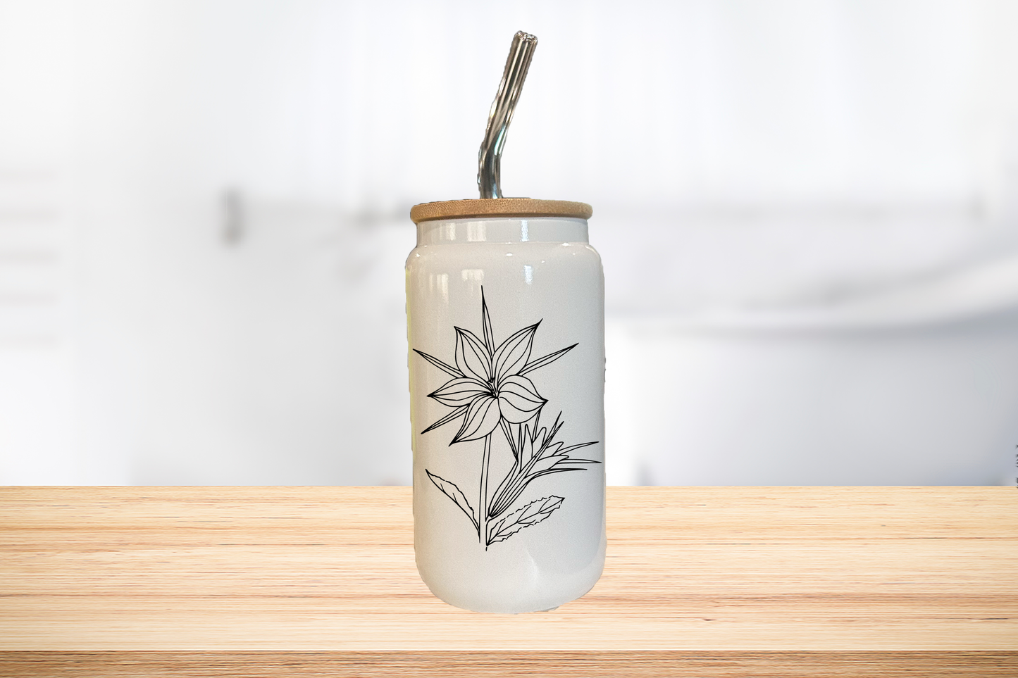Wild Flower 16oz Glass Can Cup W/ Glass Straw