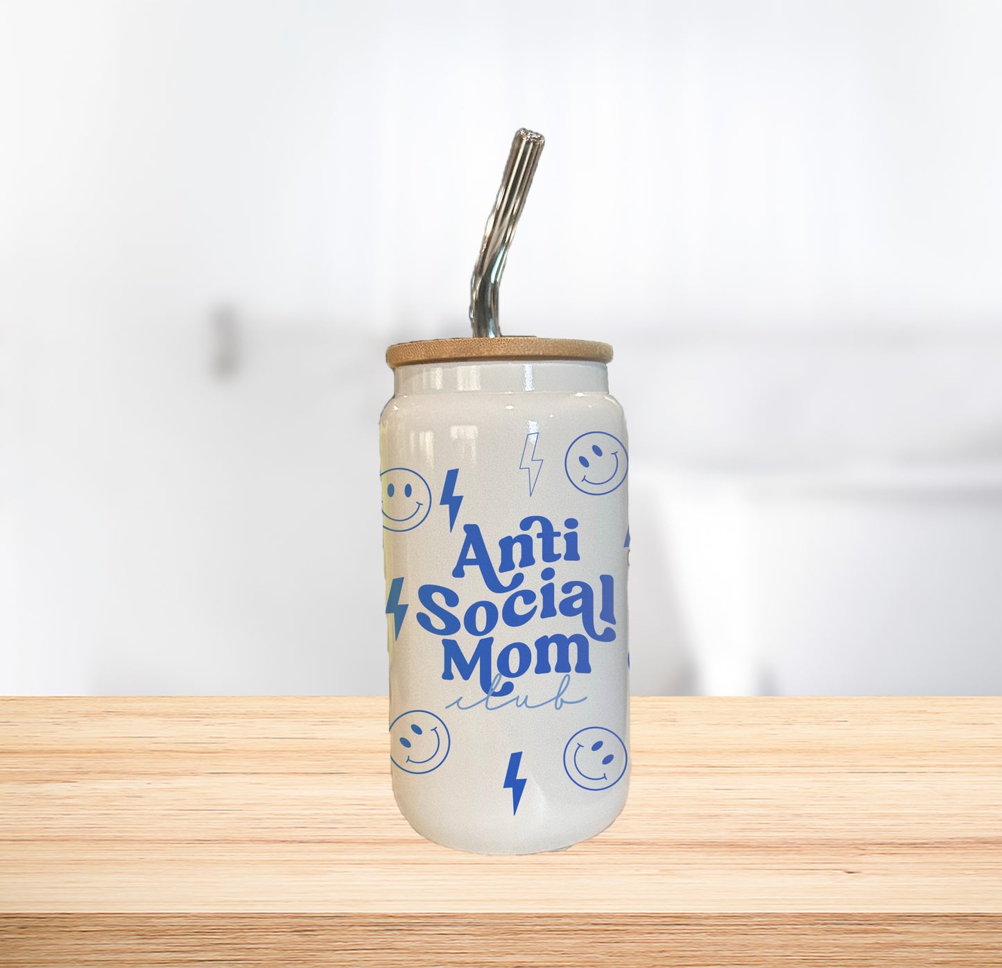 Anti Social Mom Club 16oz Glass Can Cup W/ Glass Straw