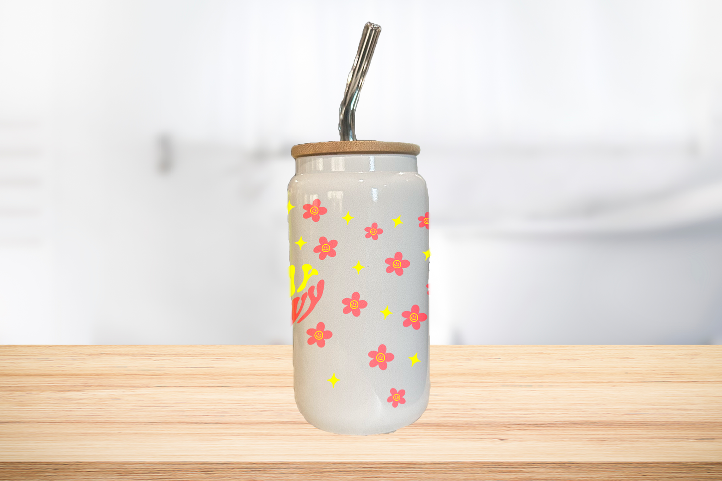 Stay Groovy 16oz Glass Can Cup W/ Glass Straw