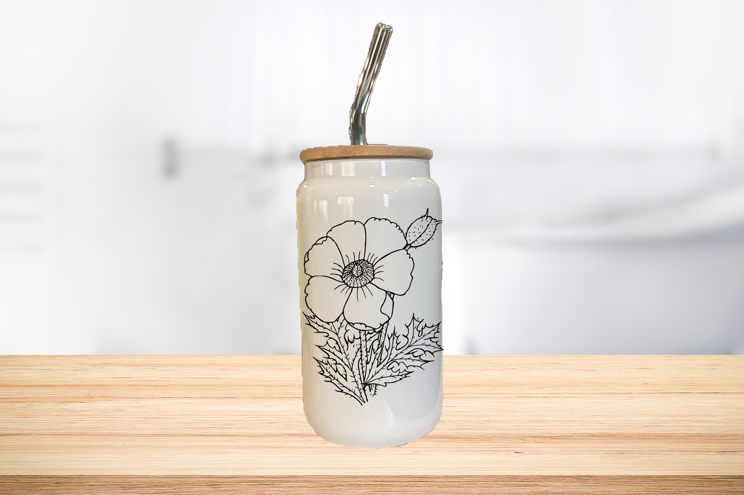 Wild Flower 16oz Glass Can Cup W/ Glass Straw