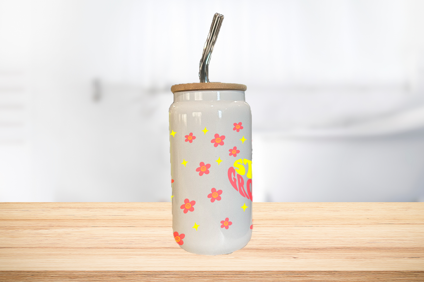 Stay Groovy 16oz Glass Can Cup W/ Glass Straw