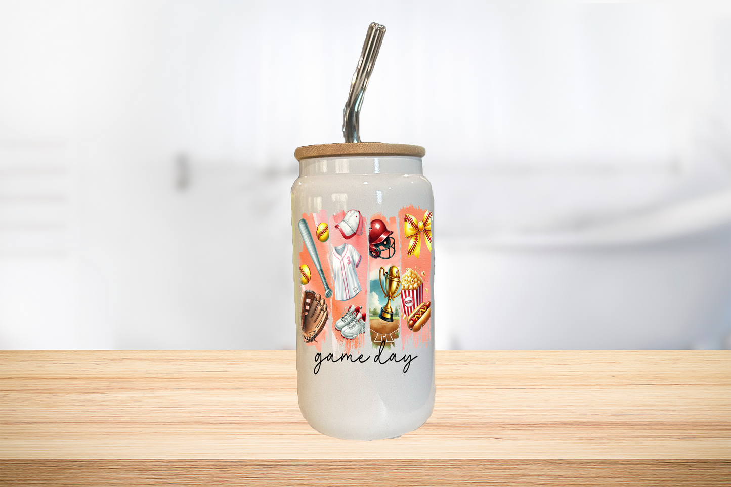 Game Day 16oz Glass Can Cup W/ Glass Straw