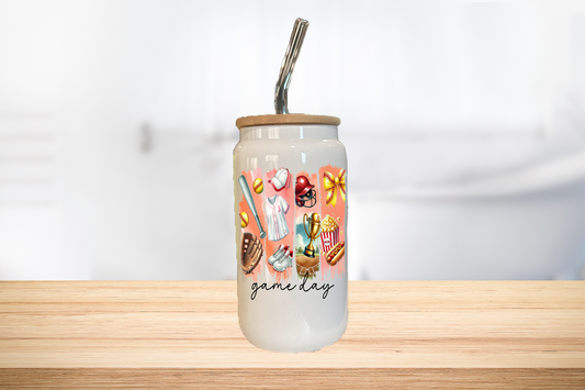 Game Day 16oz Glass Can Cup W/ Glass Straw