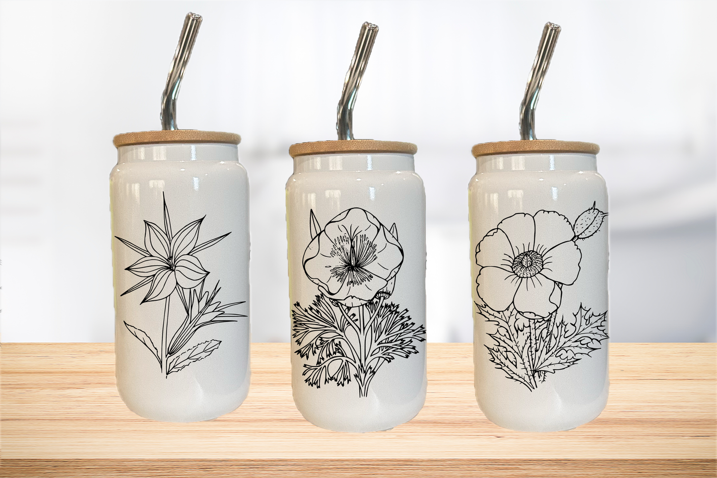 Wild Flower 16oz Glass Can Cup W/ Glass Straw