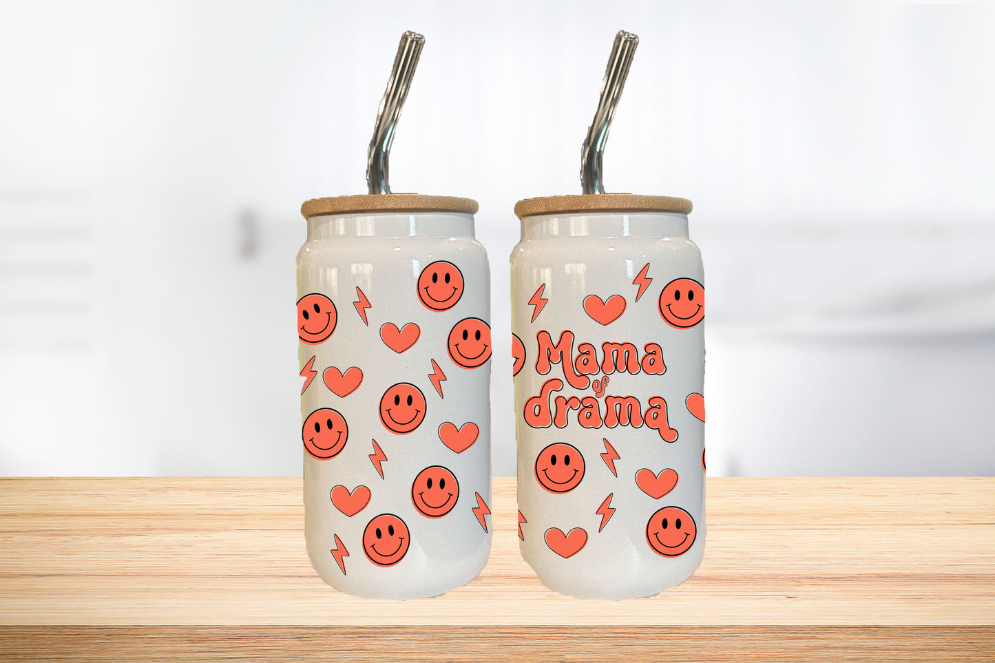 Mama Of Drama 16oz Glass Can Cup W/ Glass Straw