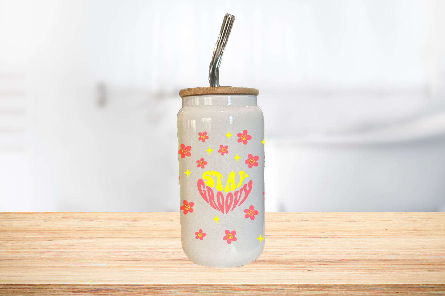 Stay Groovy 16oz Glass Can Cup W/ Glass Straw
