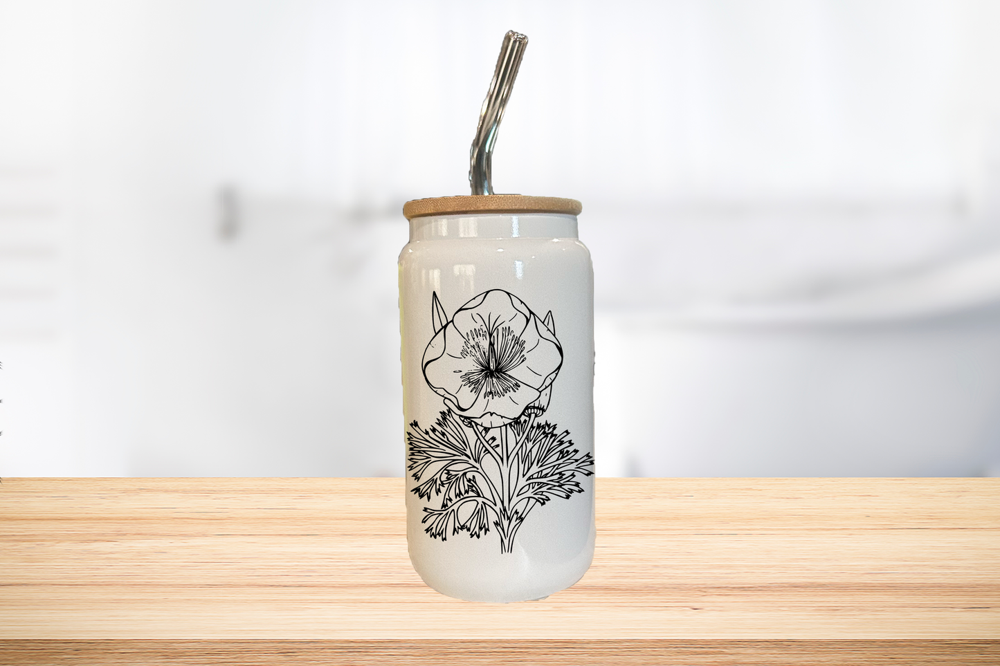 Wild Flower 16oz Glass Can Cup W/ Glass Straw