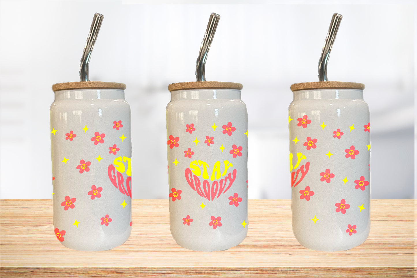 Stay Groovy 16oz Glass Can Cup W/ Glass Straw