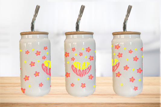 Stay Groovy 16oz Glass Can Cup W/ Glass Straw
