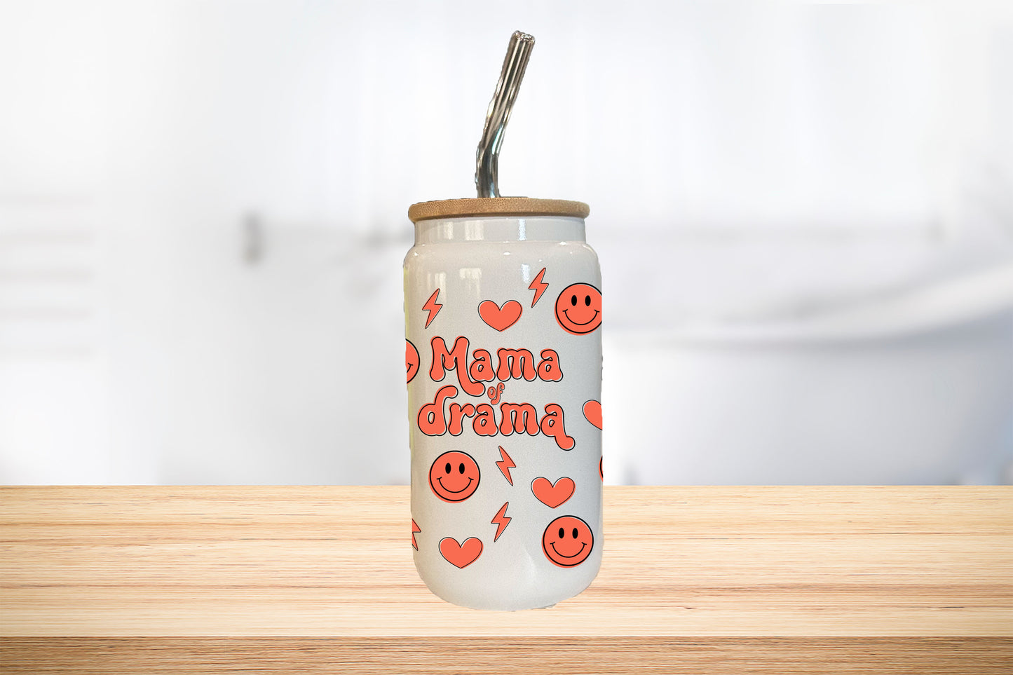 Mama Of Drama 16oz Glass Can Cup W/ Glass Straw