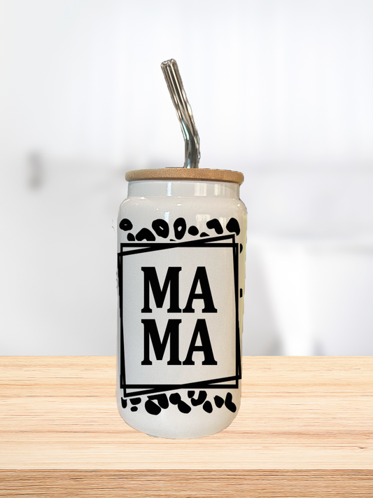MAMA Cheetah Print 16oz Glass Can Cup W/ Glass Straw