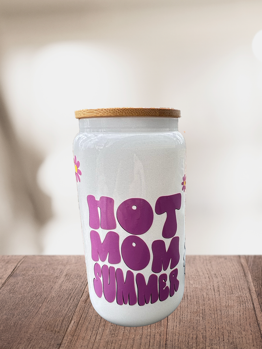 Hot Mom Summer 16oz Glass Can Cup W/ Glass Straw