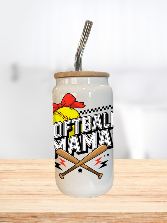 Softball Mom 16oz Glass Can Cup With Glass Straw