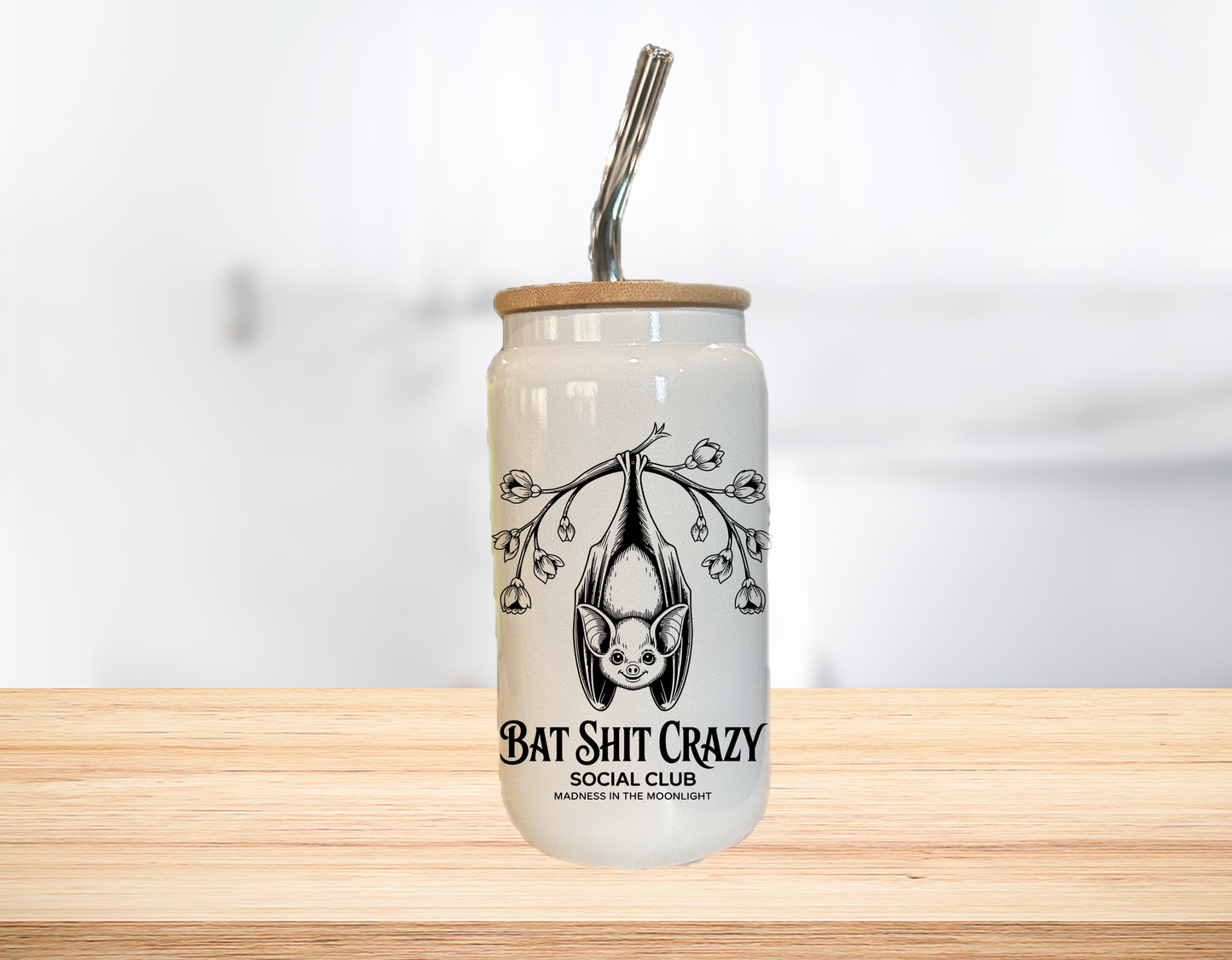 Bat Shit Crazy Social Club 16oz Glass Can Cup W/ Glass Straw ak