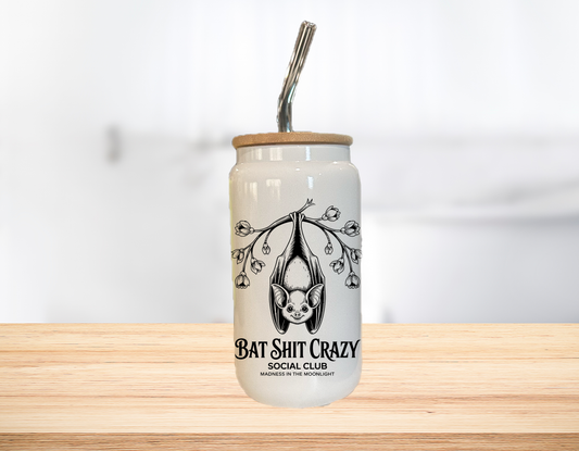 Bat Shit Crazy Social Club 16oz Glass Can Cup W/ Glass Straw ak