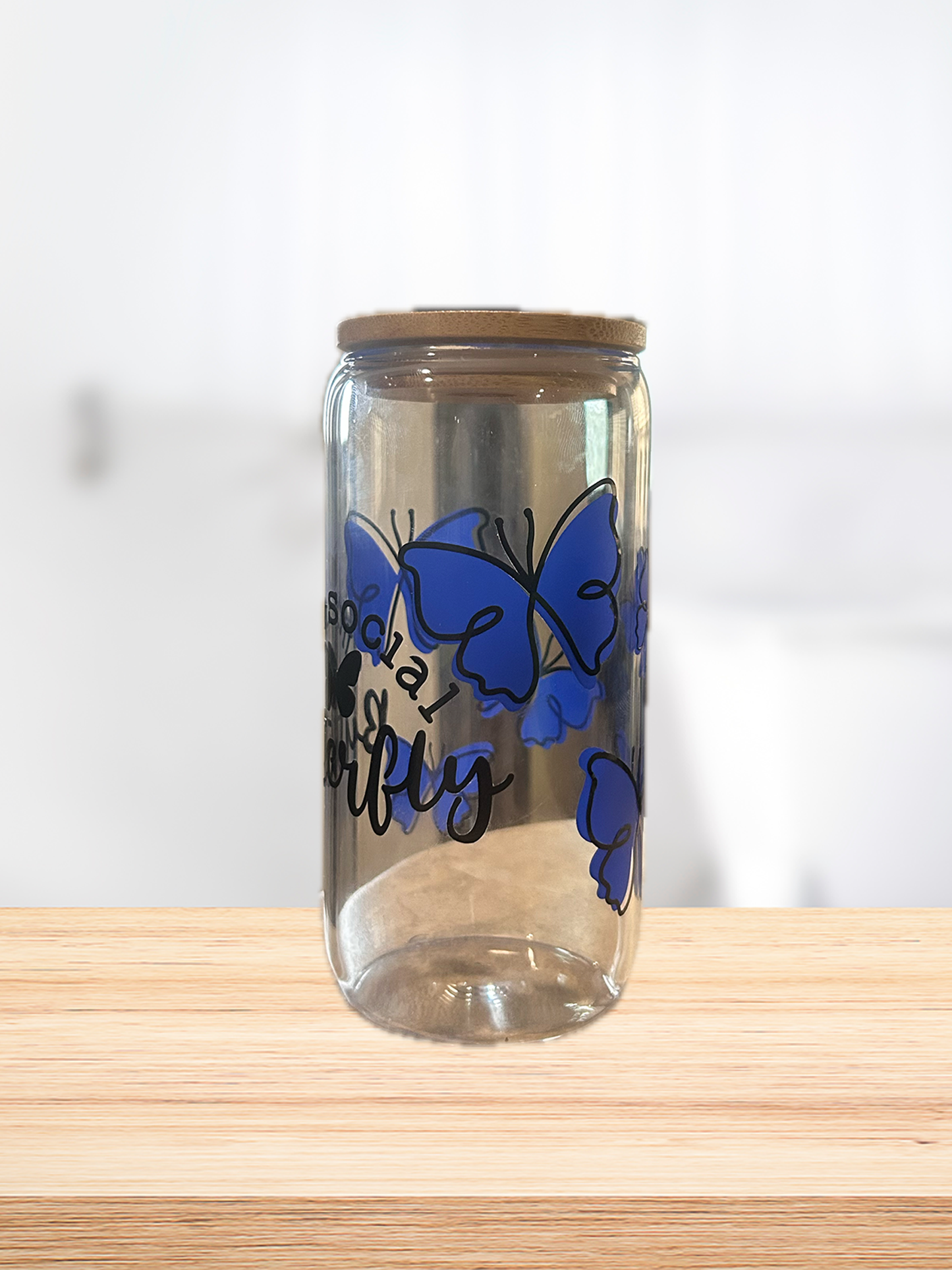 Anti Social Butterfly 16oz Glass Can Cup W/ Glass Straw